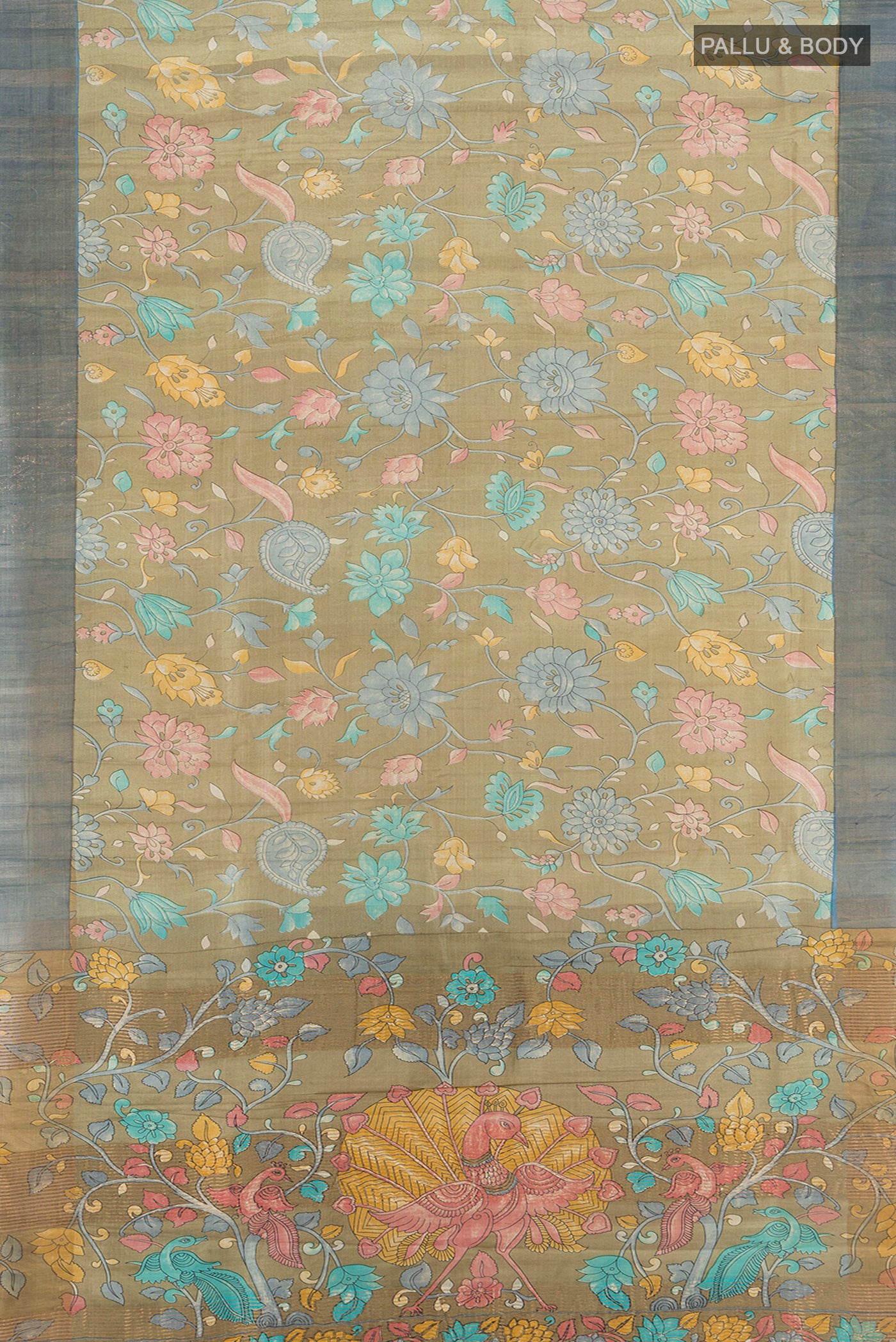 Flat view of Beige Tussar Silk Saree with Floral Print on the body and Zari Border. 