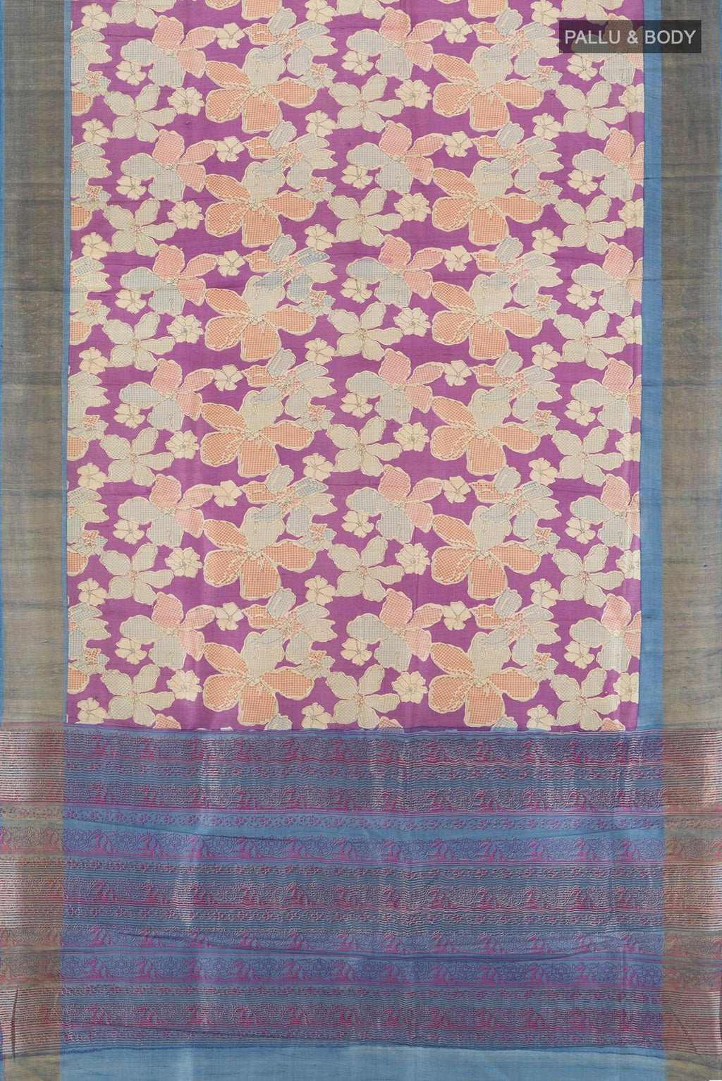 Flat view of Purple Tussar Silk Saree with Floral Print on the body and Zari Border. 
