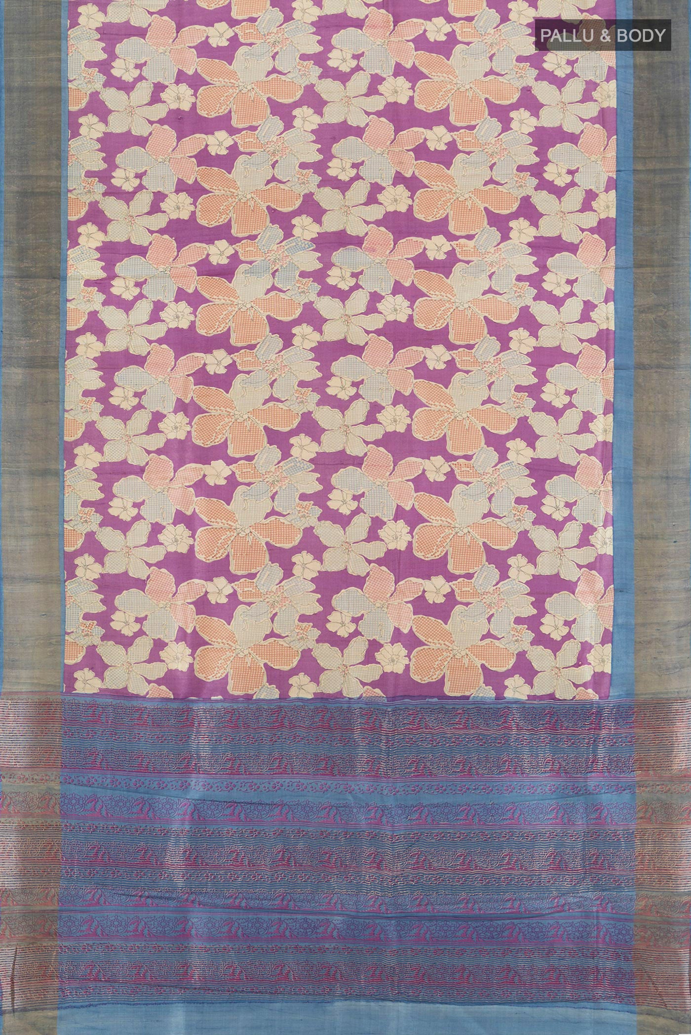 Flat view of Purple Tussar Silk Saree with Floral Print on the body and Zari Border. 
