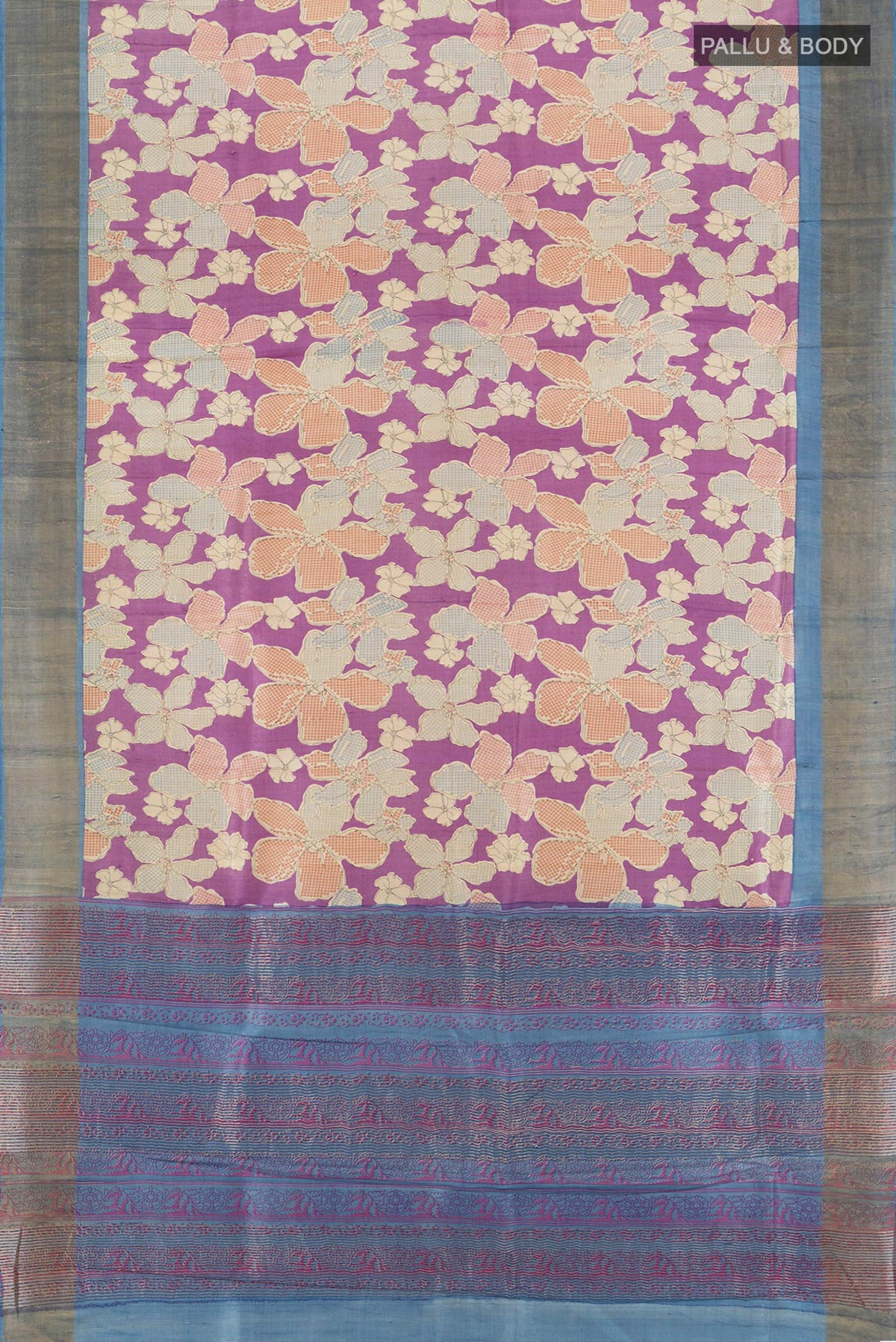 Flat view of Purple Tussar Silk Saree with Floral Print on the body and Zari Border. 