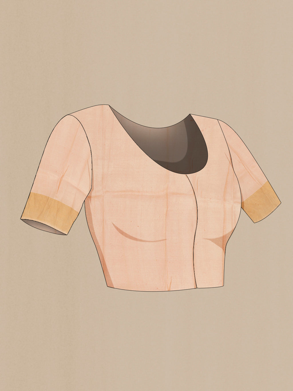 Close up image of the blouse of Beige Tussar Silk Saree with Floral Print on the body and Zari Border. 