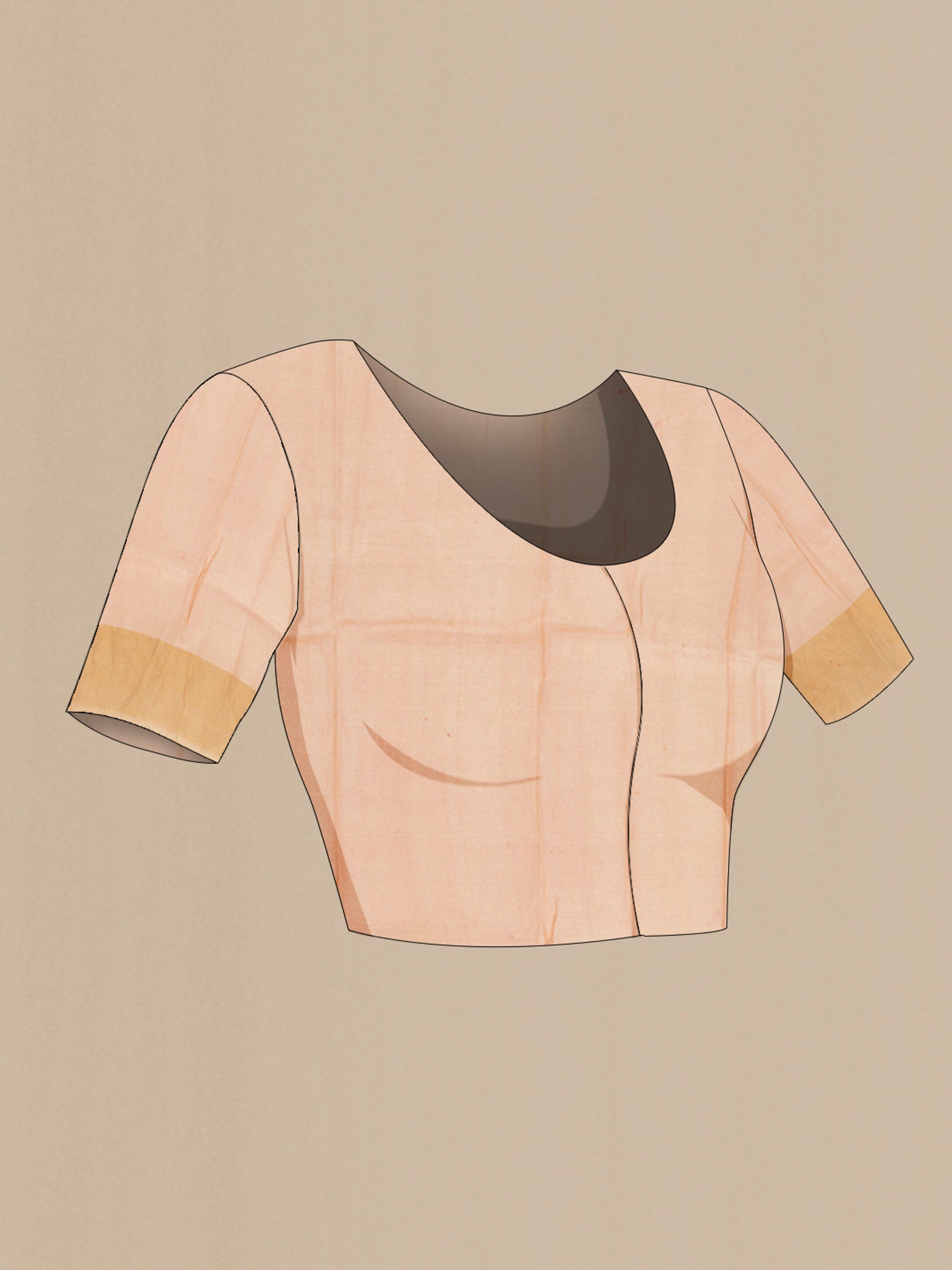 Close up image of the blouse of Beige Tussar Silk Saree with Floral Print on the body and Zari Border. 