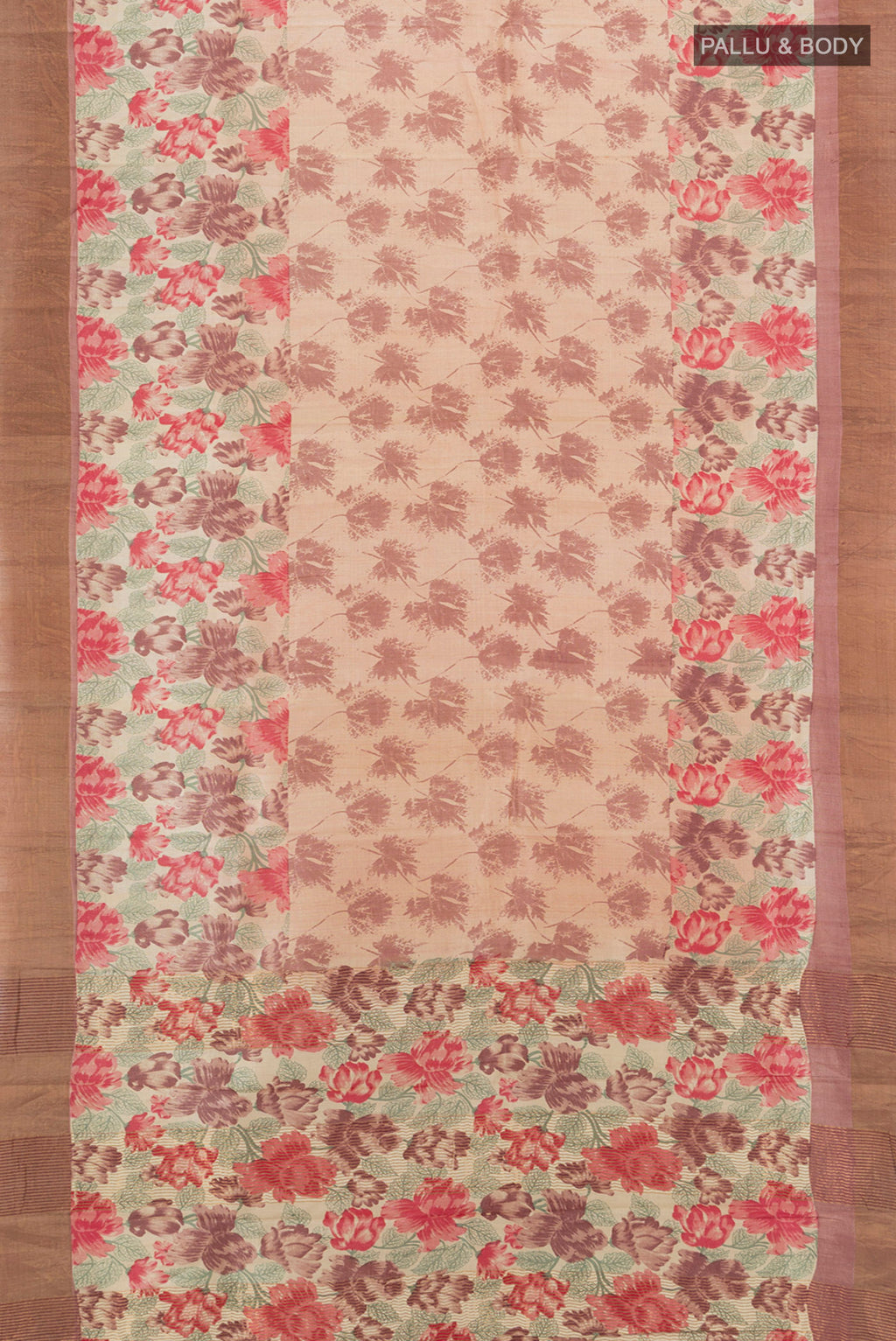 Flat view of Beige Tussar Silk Saree with Floral Print on the body and Zari Border. 