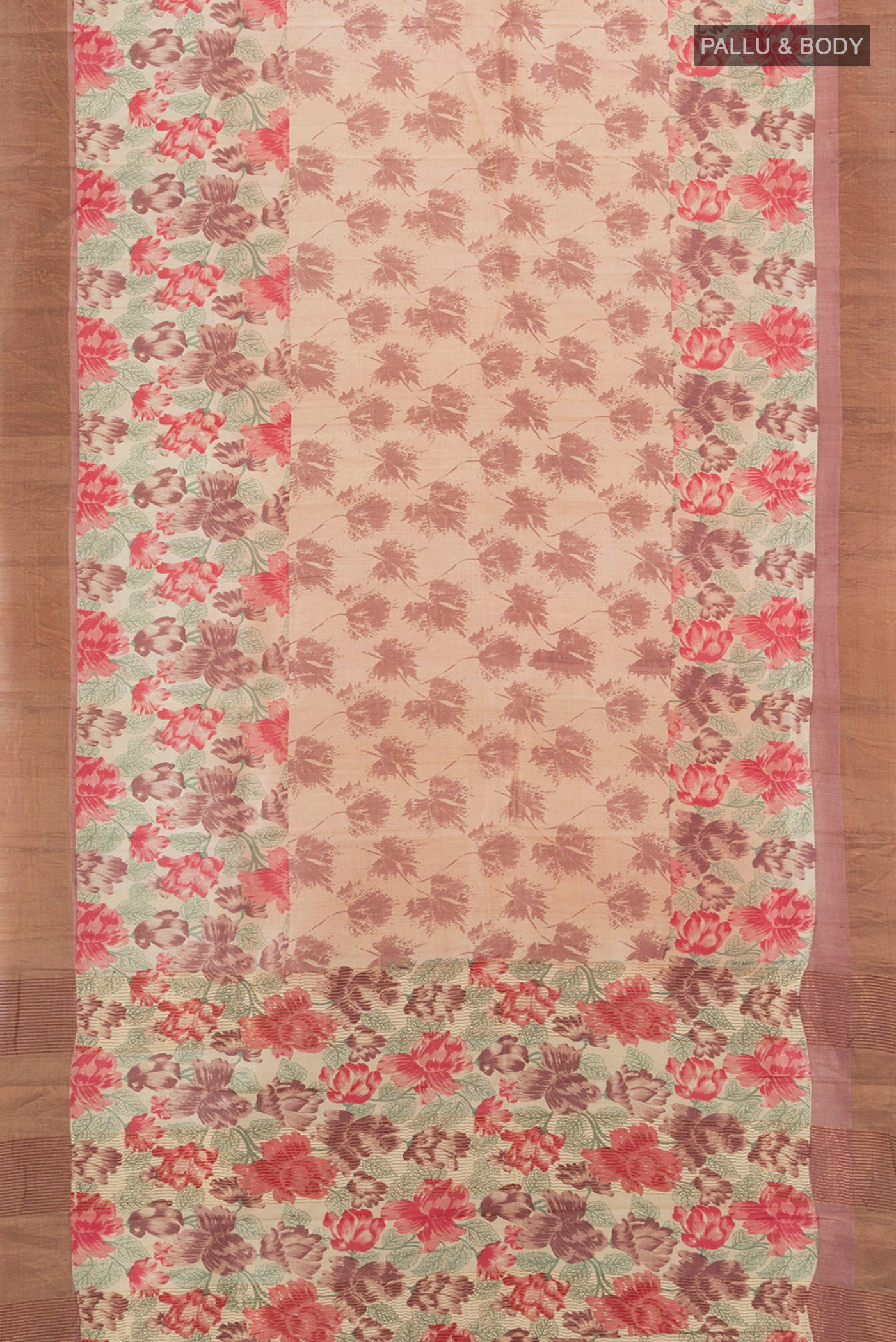Flat view of Beige Tussar Silk Saree with Floral Print on the body and Zari Border. 