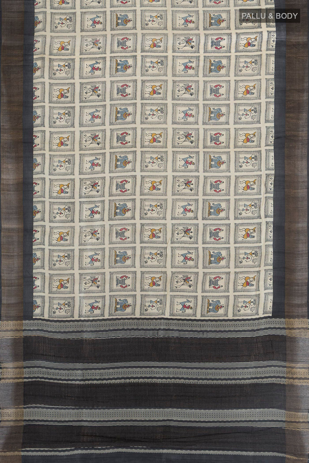 Flat view of Off White Tussar Silk Saree with Printed design on the body and Zari Border. 