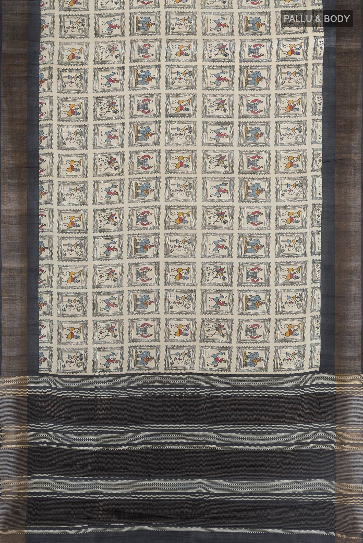 Flat view of Off White Tussar Silk Saree with Printed design on the body and Zari Border. 