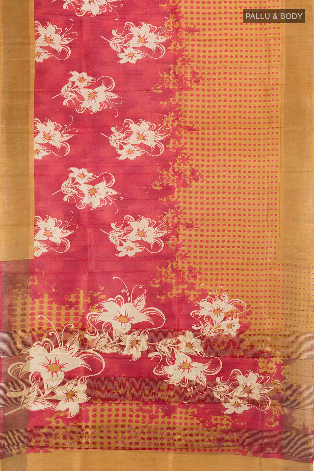 Flat view of Multi Color Tussar Silk Saree with Floral Print on the body and Silk Border. 