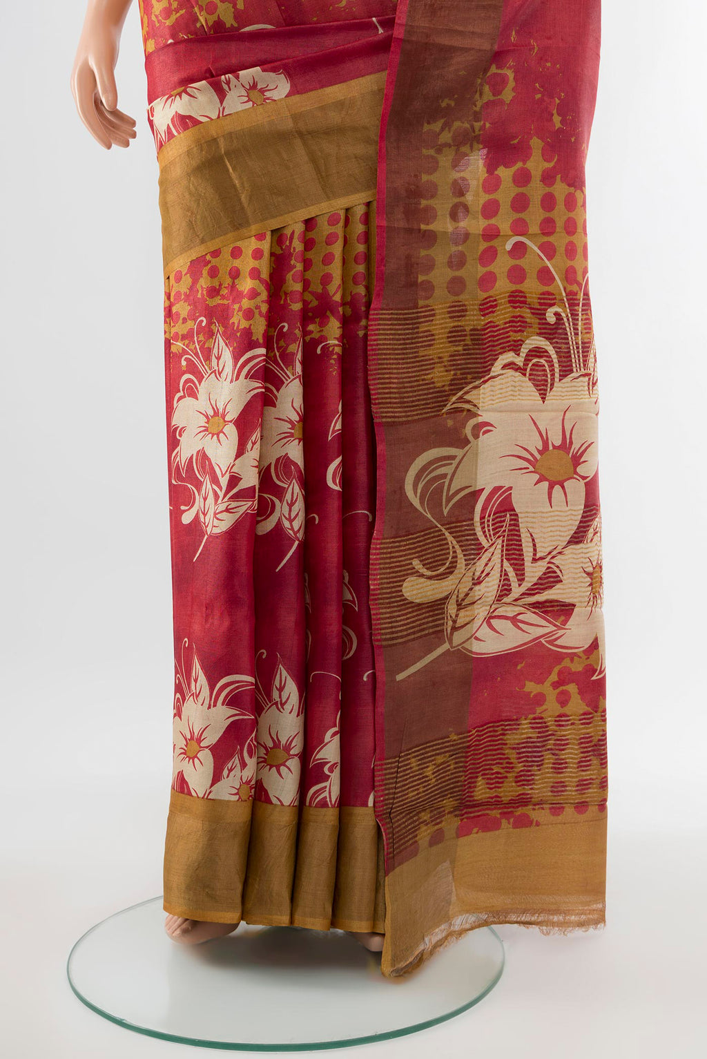 Pleats and pallu of Multi Color Tussar Silk Saree with Floral Print on the body and Silk Border. 