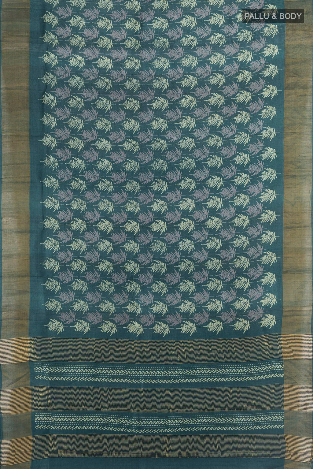 Flat view of Green Tussar Silk Saree with Floral Print on the body and Zari Border. 