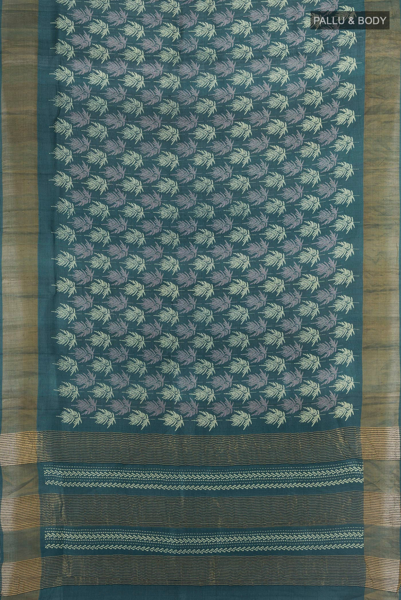 Flat view of Green Tussar Silk Saree with Floral Print on the body and Zari Border. 