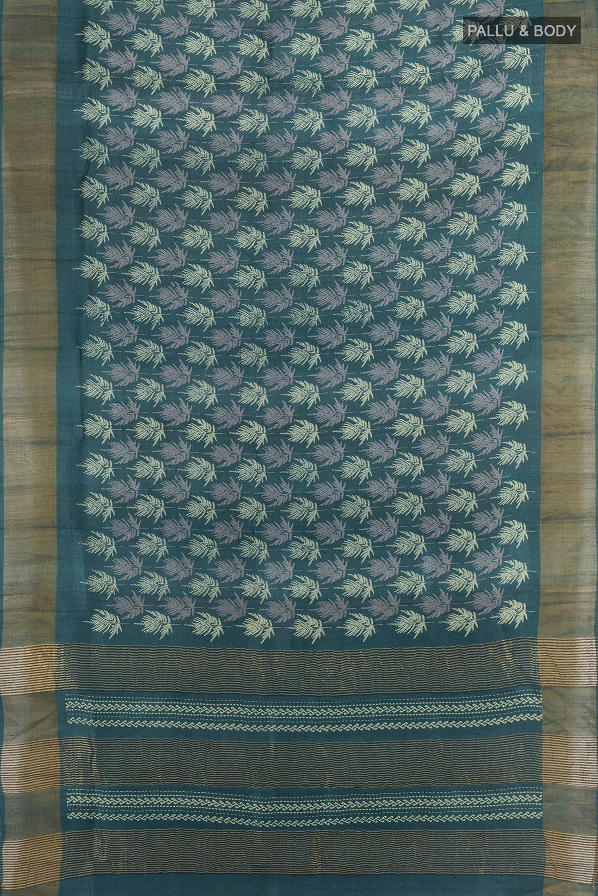 Flat view of Green Tussar Silk Saree with Floral Print on the body and Zari Border. 