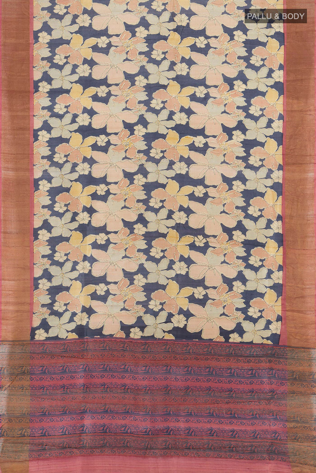 Flat view of Navy Blue Tussar Silk Saree with Floral Print on the body and Zari Border. 