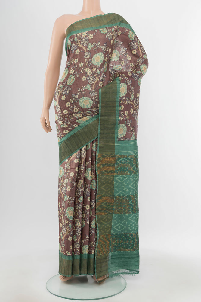 Multi Color Tussar Silk Saree with Floral Print on the body and Silk Border.  displayed on a mannequin