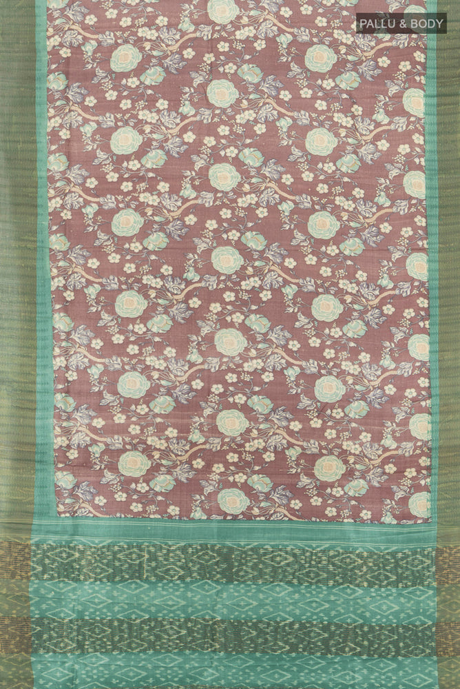 Flat view of Multi Color Tussar Silk Saree with Floral Print on the body and Silk Border. 