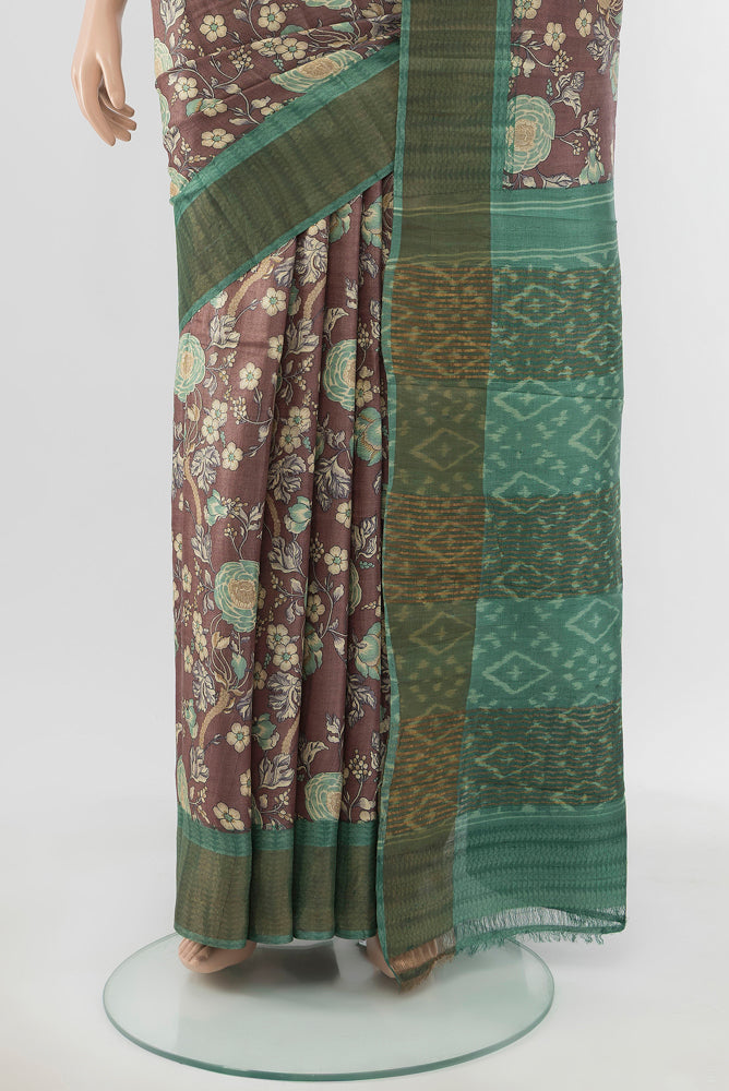 Pleats and pallu of Multi Color Tussar Silk Saree with Floral Print on the body and Silk Border. 