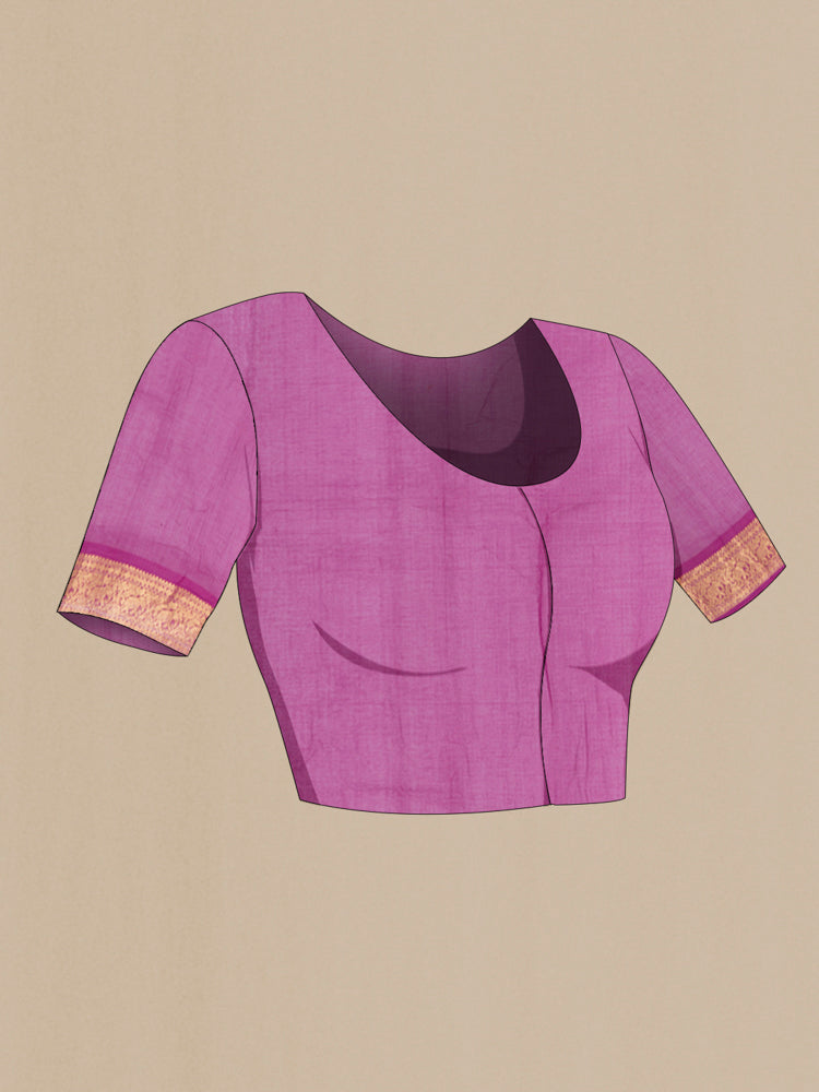 Close up image of the blouse of Purple Kora Cotton Saree with Zari Butta on the body and Silk Border. 