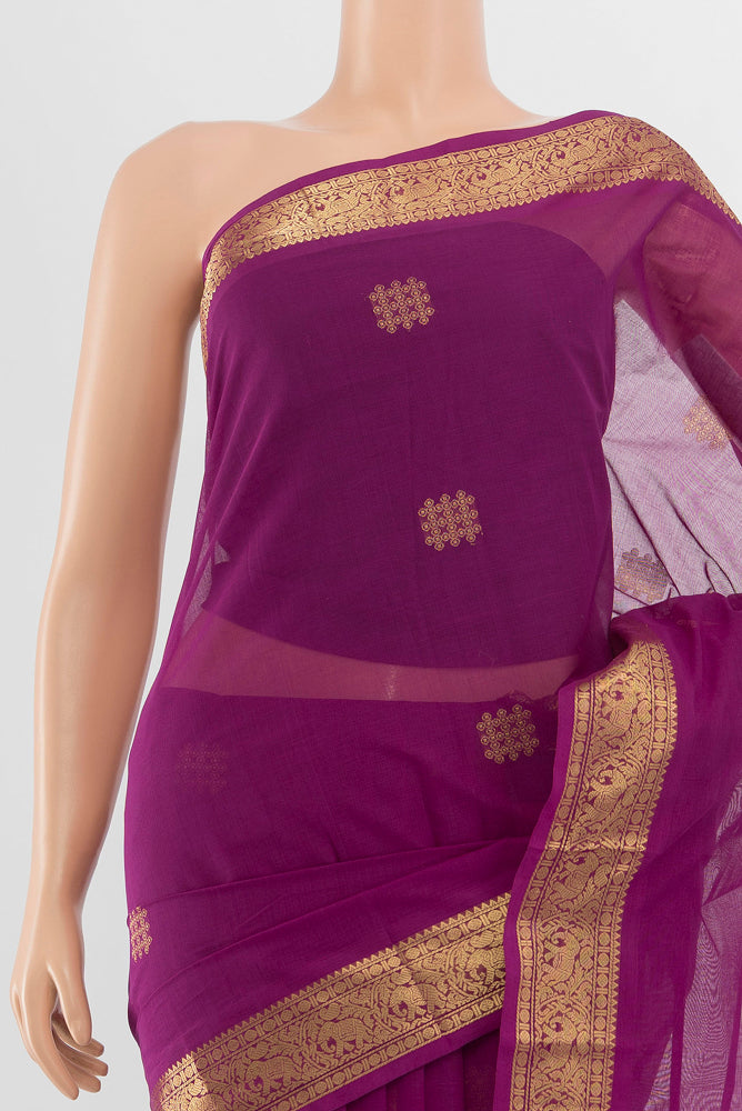Border image of Purple Kora Cotton Saree with Zari Butta on the body and Silk Border. 