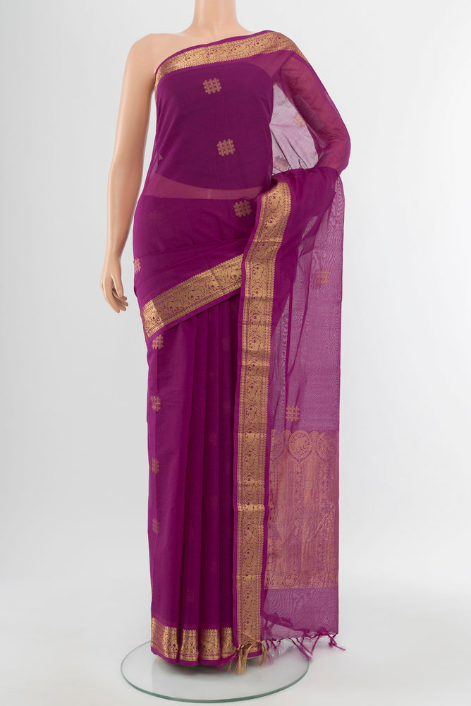 Purple Kora Cotton Saree with Zari Butta on the body and Silk Border.  displayed on a mannequin