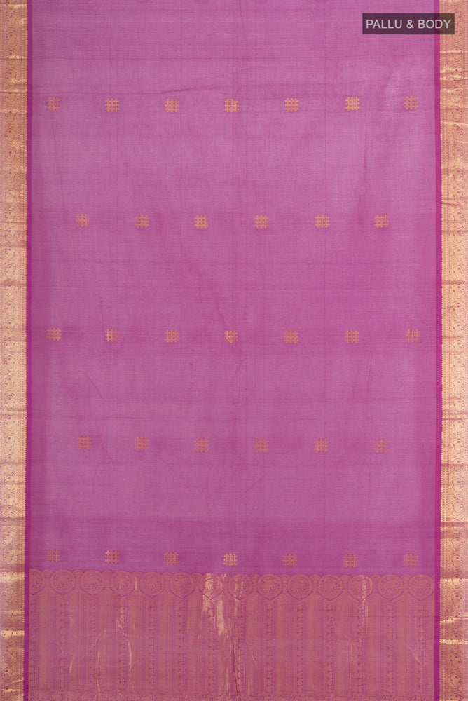 Flat view of Purple Kora Cotton Saree with Zari Butta on the body and Silk Border. 