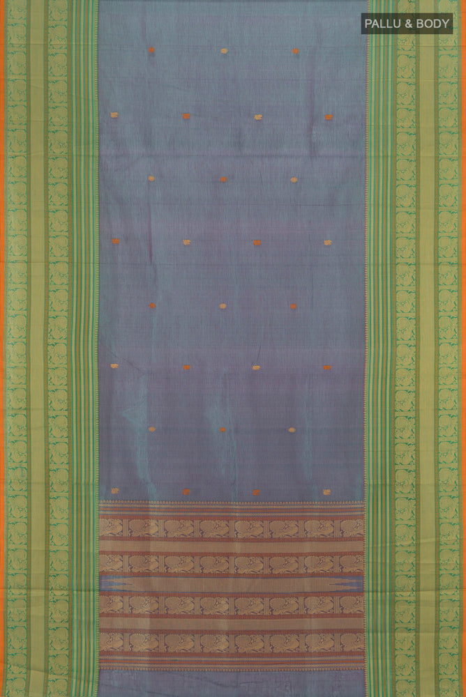Flat view of Peacock Blue Kora Cotton Saree with Zari Butta on the body and Silk Border. 