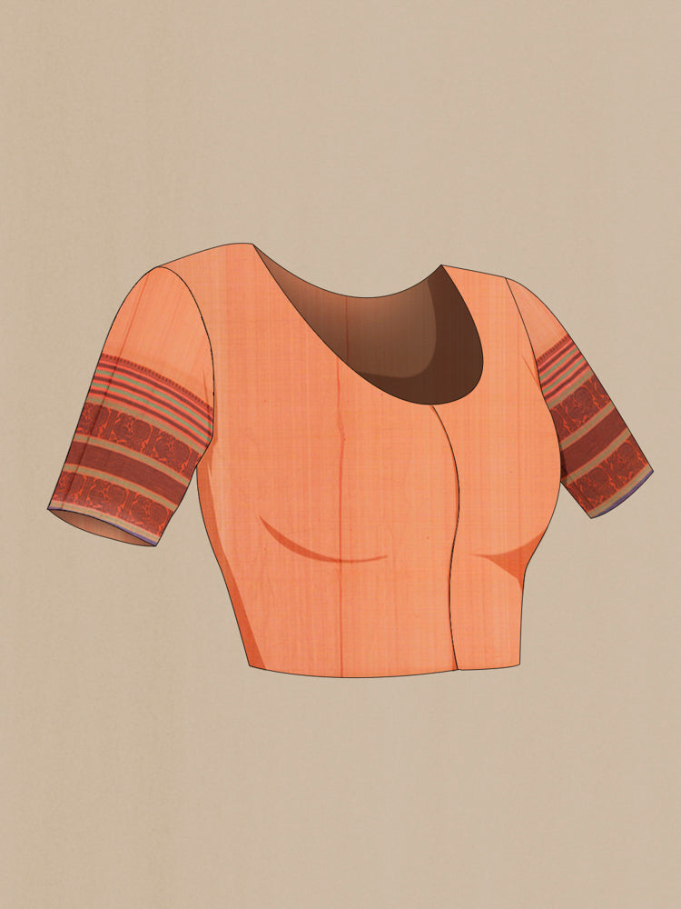 Close up image of the blouse of Mustard Kora Cotton Saree with Zari Butta on the body and Silk Border. 