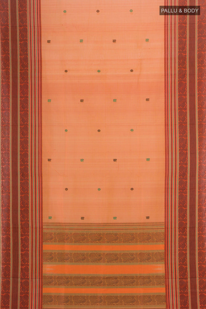 Flat view of Mustard Kora Cotton Saree with Zari Butta on the body and Silk Border. 