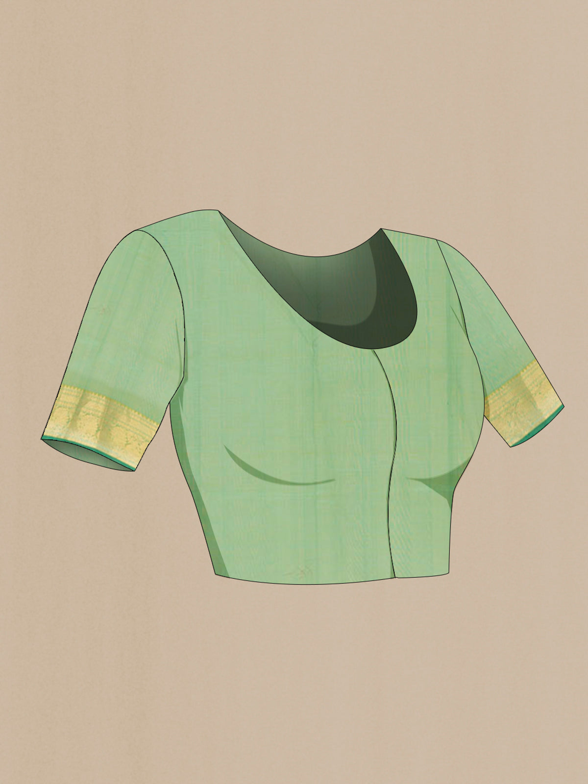 Close up image of the blouse of Olive Green Silk Cotton Saree with Zari Butta on the body and Silk Border. 