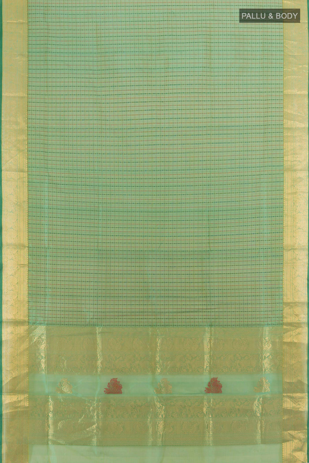 Flat view of Olive Green Silk Cotton Saree with Zari Butta on the body and Silk Border. 