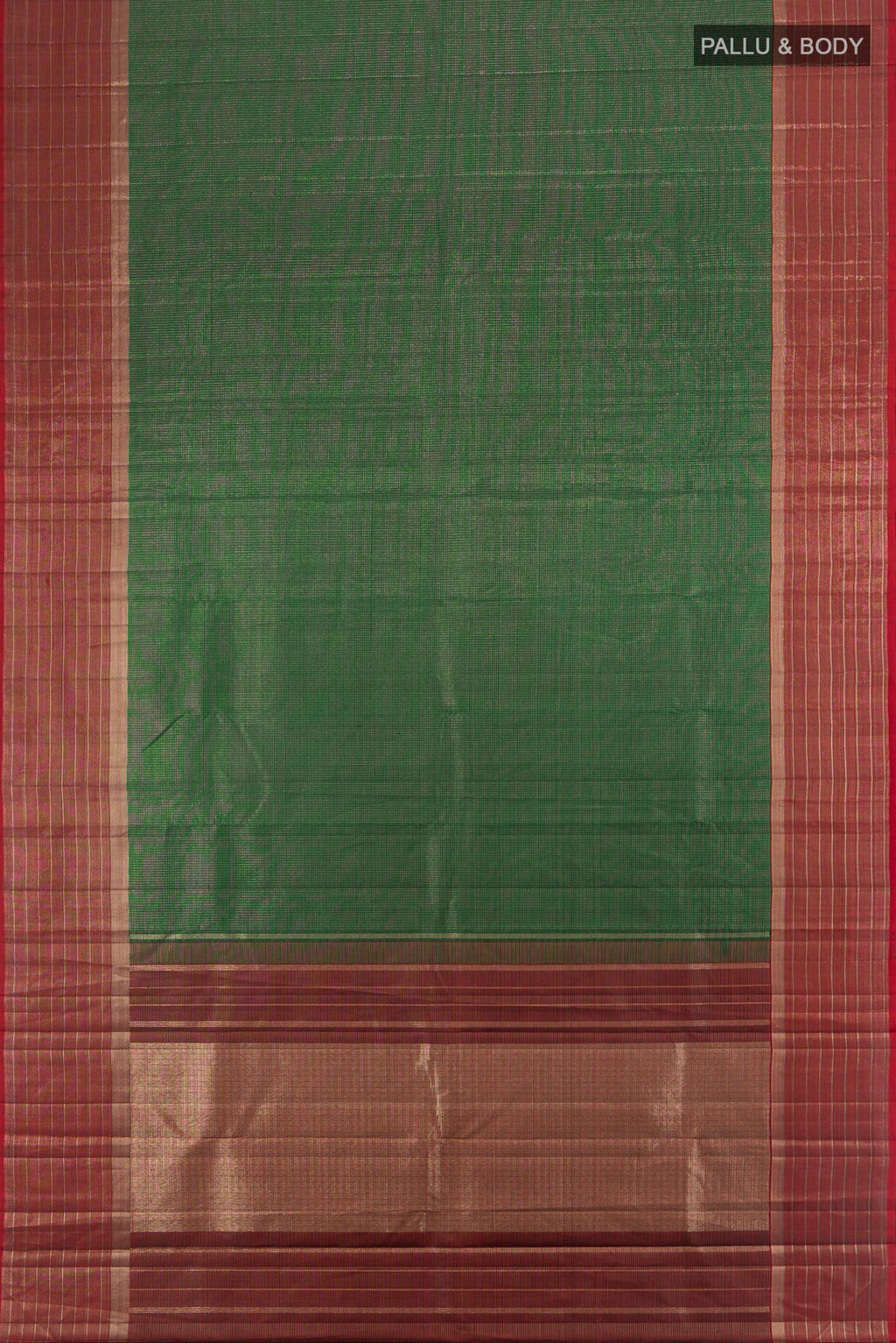 Flat view of Pure Silk Pure Zari Bottle Green Kanjivaram Saree with Zari Butta on the body and Silk Border. 