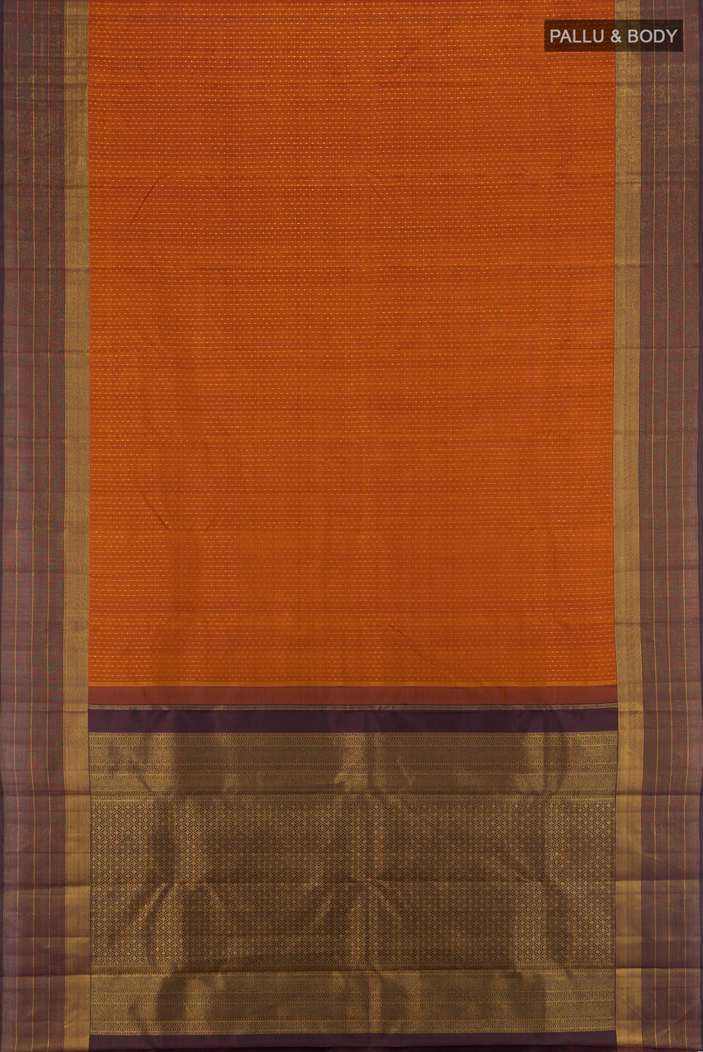 Flat view of Rust Kanjivaram Silk Saree with Zari Butta on the body and Plain Border. 