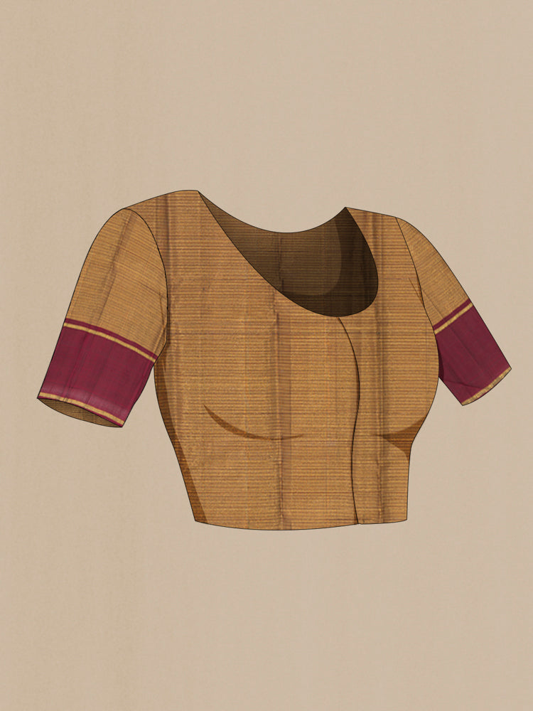 Close up image of the blouse of Golden Kanjivaram Silk Saree with Zari Butta on the body and Silk Border. 