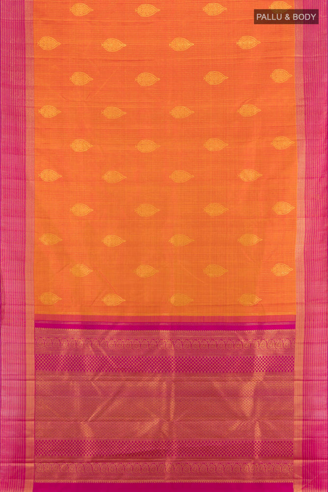 Flat view of Pure Silk Pure Zari Peach Kanjivaram Saree with Zari Butta on the body and Silk Border. 
