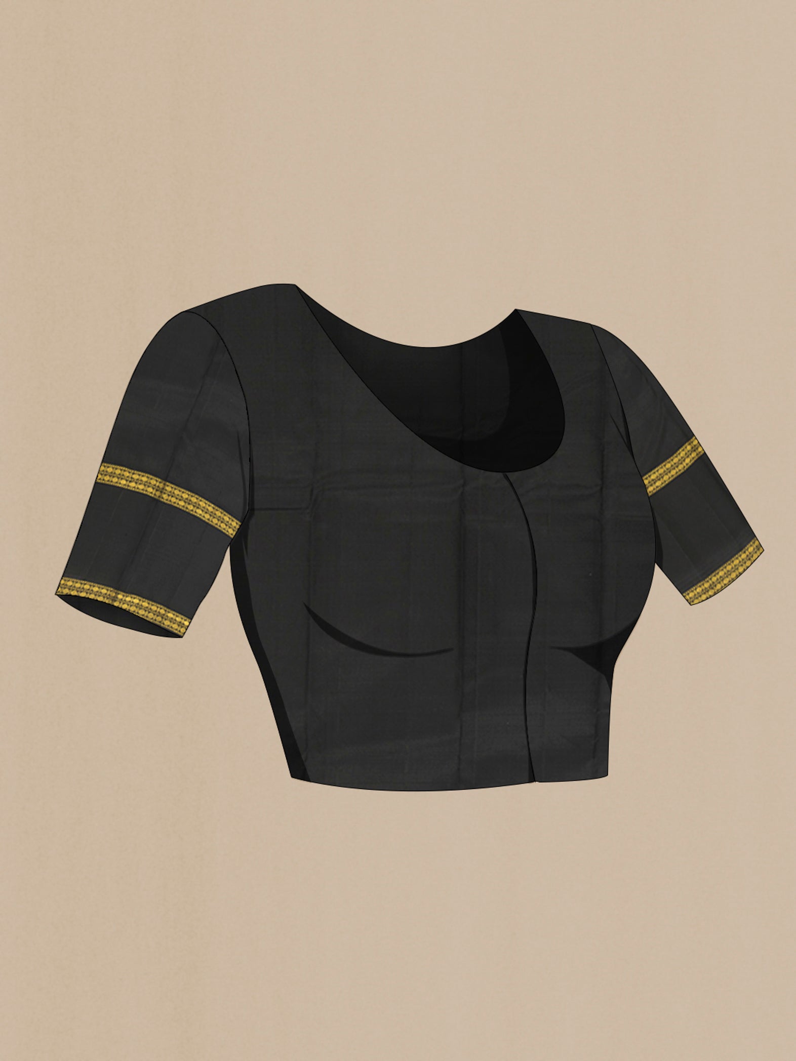Close up image of the blouse of Black Kanjivaram Silk Saree with Checked design on the body and Zari Border. 