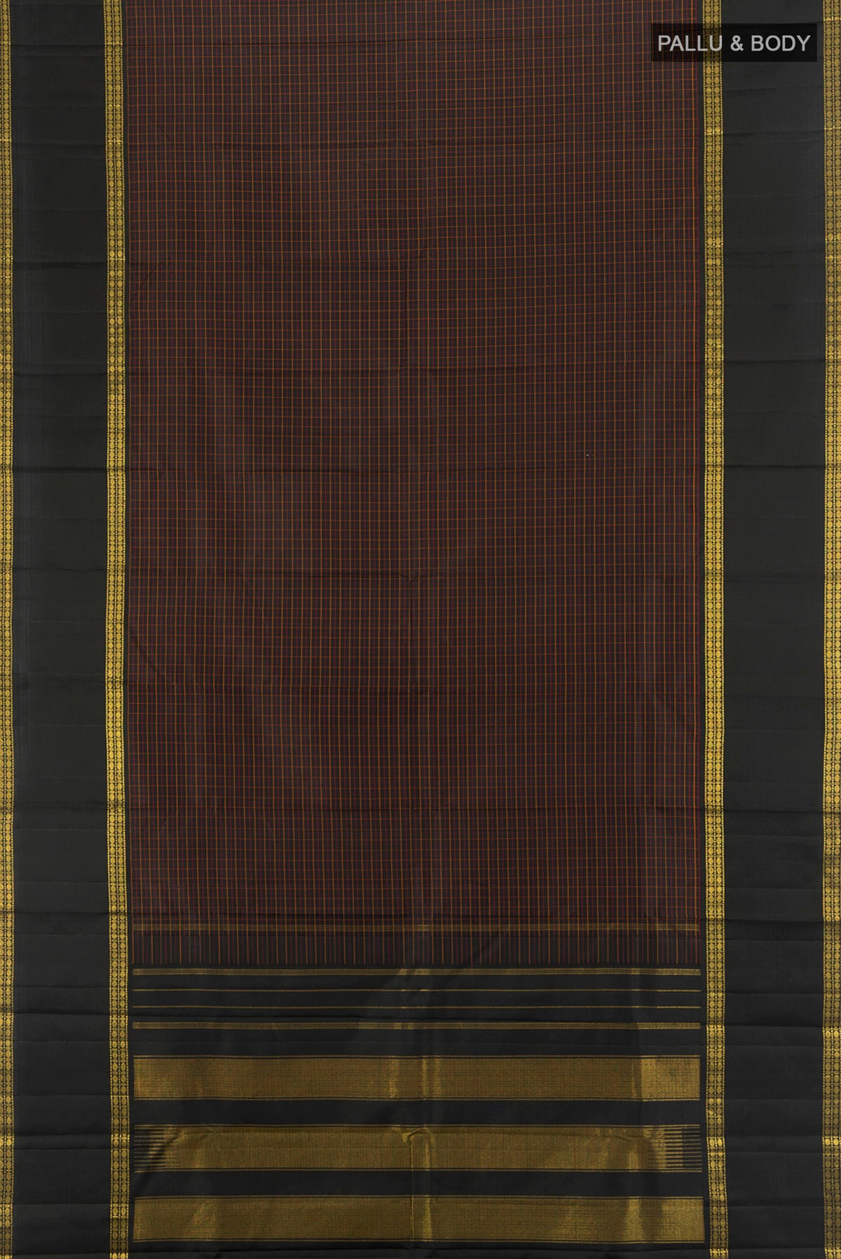Flat view of Black Kanjivaram Silk Saree with Checked design on the body and Zari Border. 
