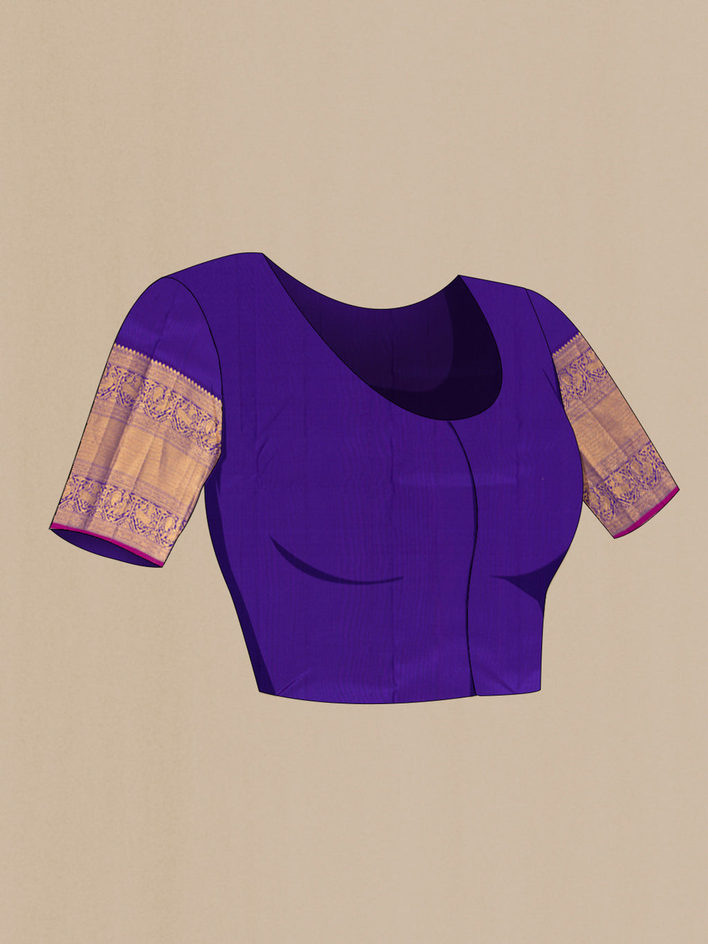 Close up image of the blouse of Sandal Kanjivaram Silk Saree with Zari Brocade on the body and Zari Border. 