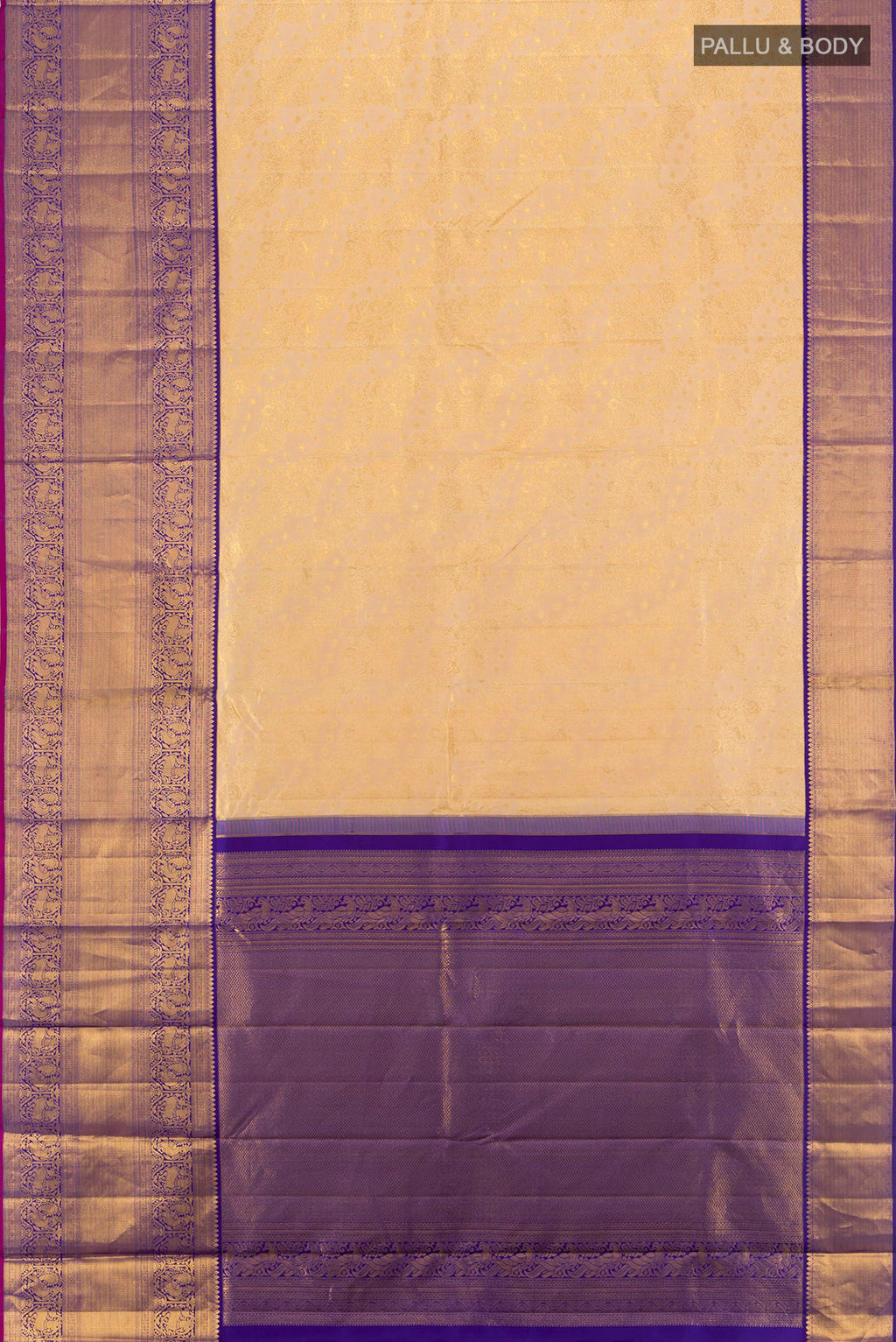 Flat view of Sandal Kanjivaram Silk Saree with Zari Brocade on the body and Zari Border. 