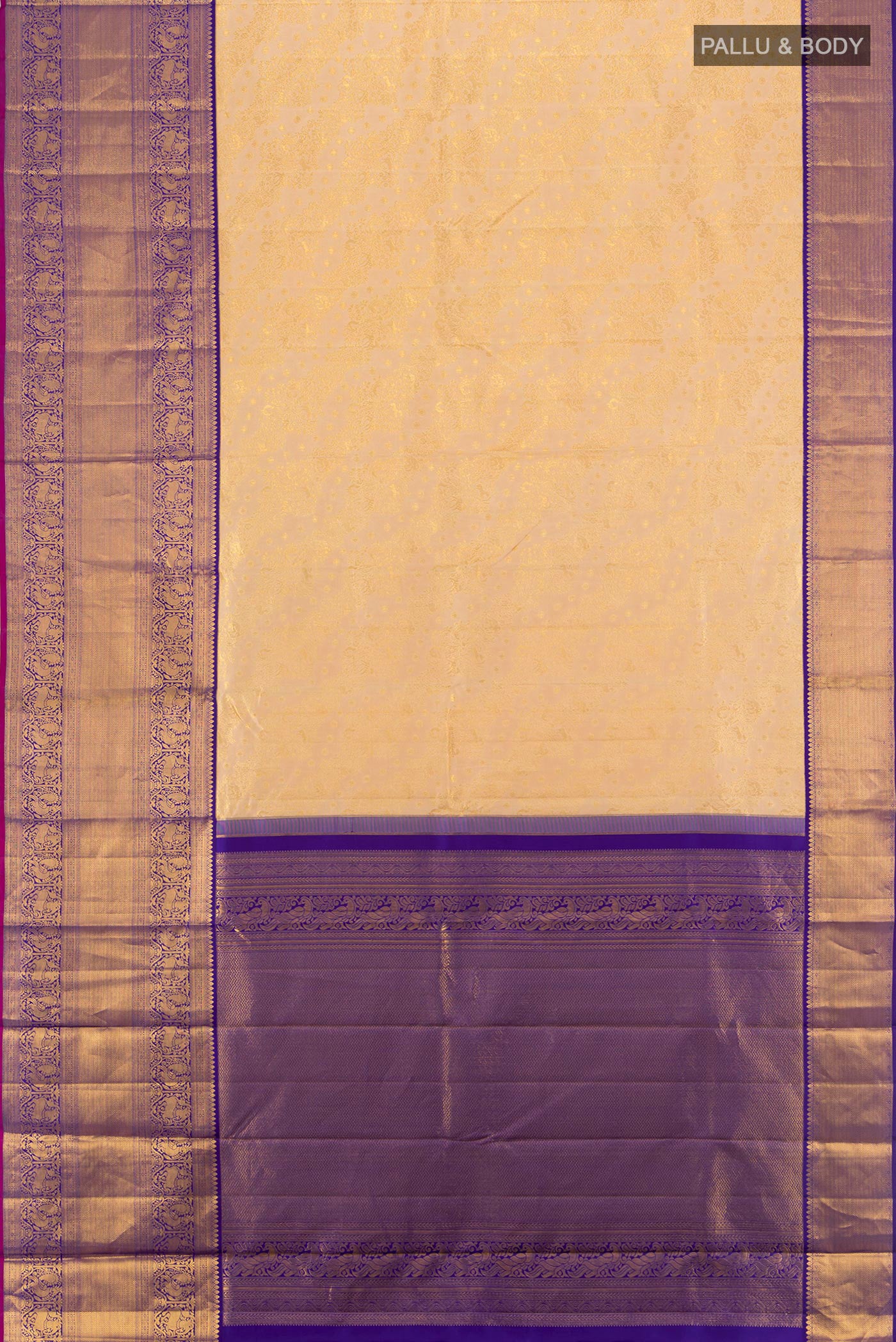 Flat view of Sandal Kanjivaram Silk Saree with Zari Brocade on the body and Zari Border. 