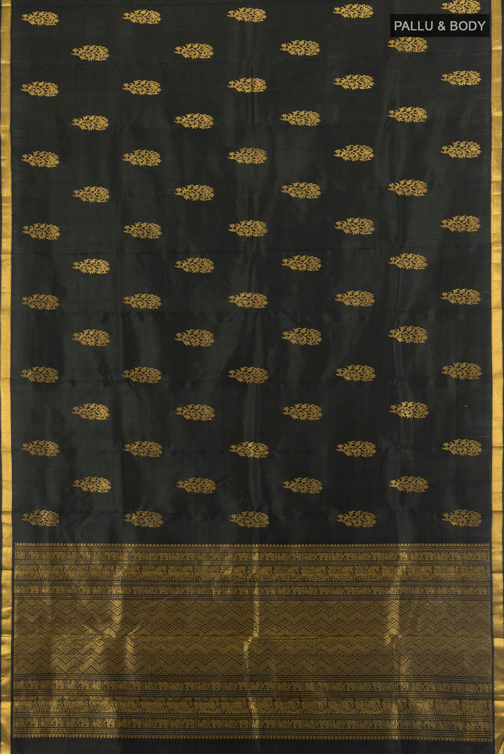 Flat view of Pure Silk Black Kanjivaram Saree with Zari Butta on the body and Zari Border. 
