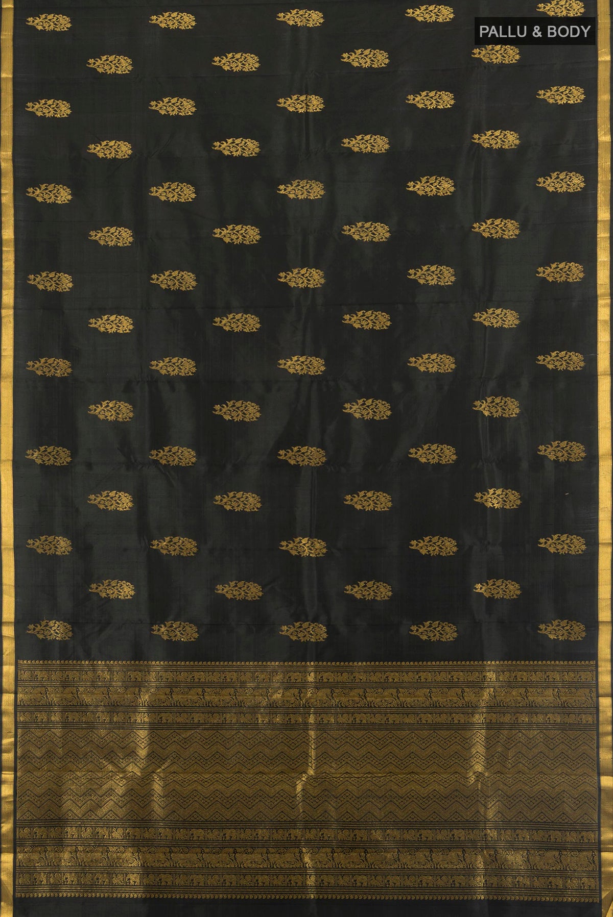 Flat view of Pure Silk Black Kanjivaram Saree with Zari Butta on the body and Zari Border. 