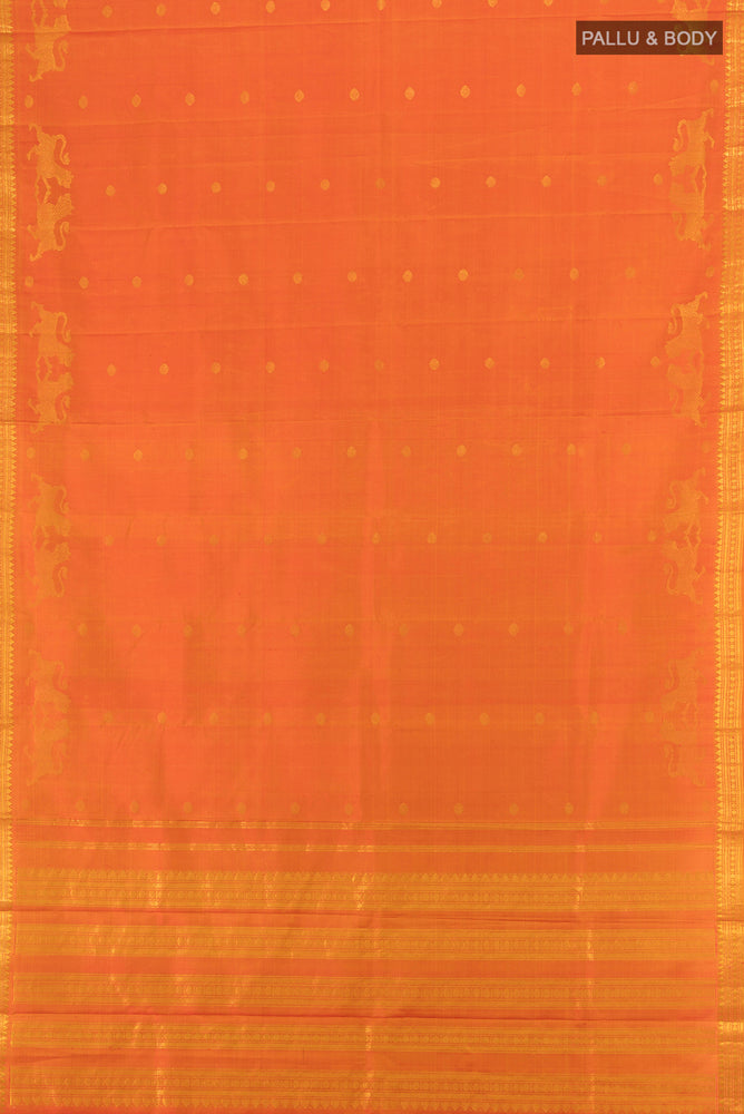 Flat view of Orange Kanjivaram Silk Saree with Zari Butta on the body and Silk Border. 