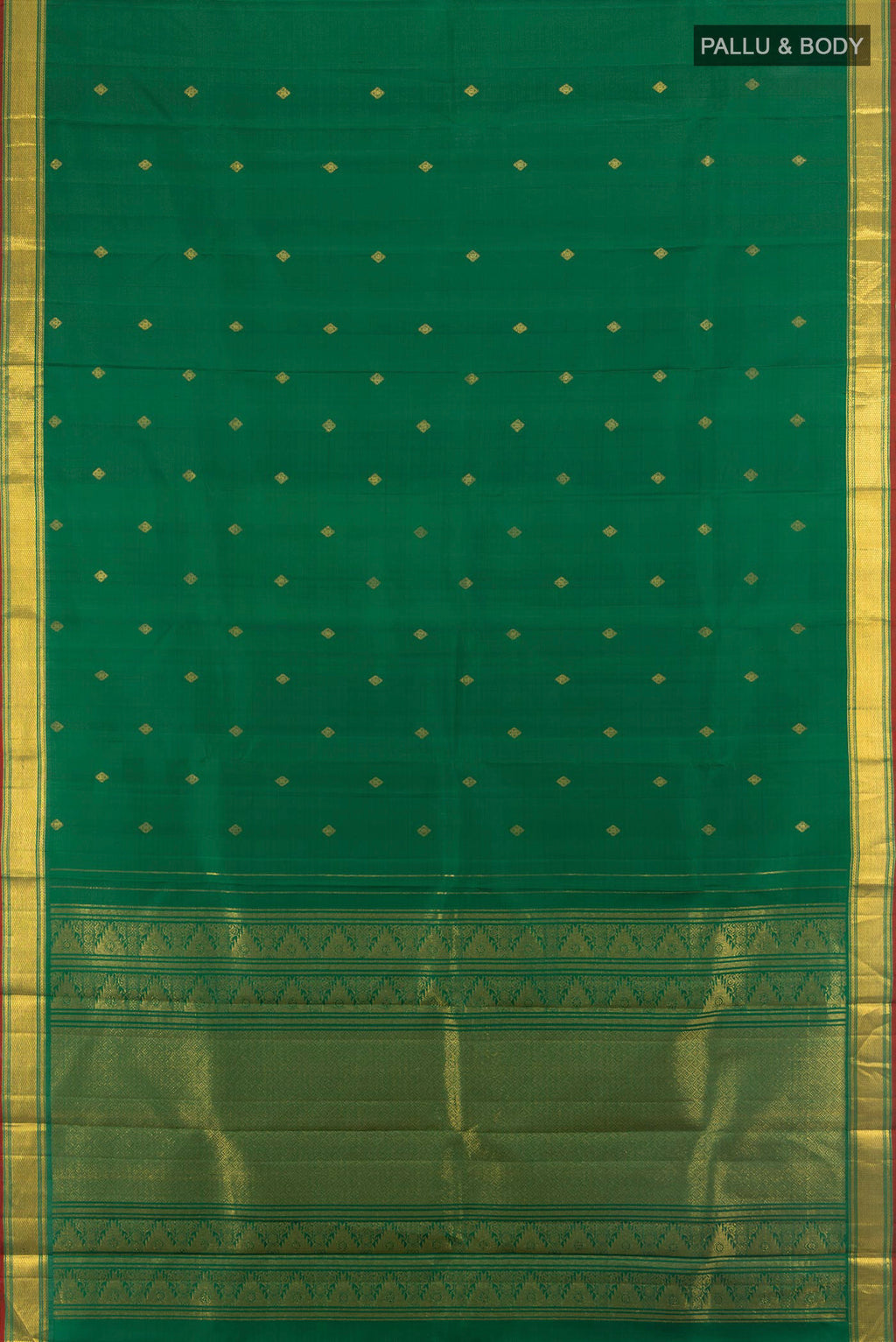 Flat view of Pure Silk Green Kanjivaram Saree with Zari Butta on the body and Zari Border. 