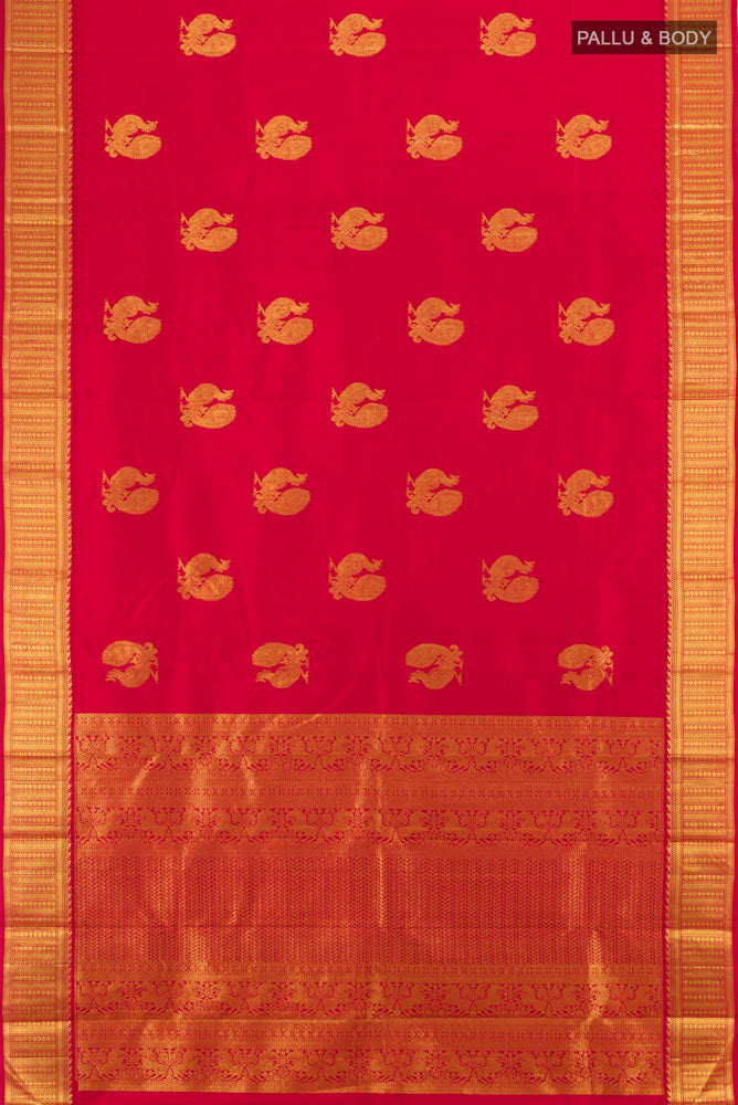 Flat view of Red Kanjivaram Silk Saree with Zari Butta on the body and Silk Border. 