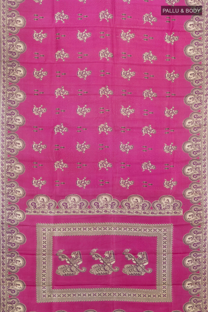 Flat view of Pure Silk Pure Zari Light Magenta Tussar Saree with Floral Print on the body and Silk Border. 