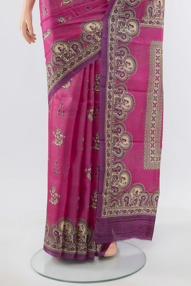 Pleats and pallu of Pure Silk Pure Zari Light Magenta Tussar Saree with Floral Print on the body and Silk Border. 