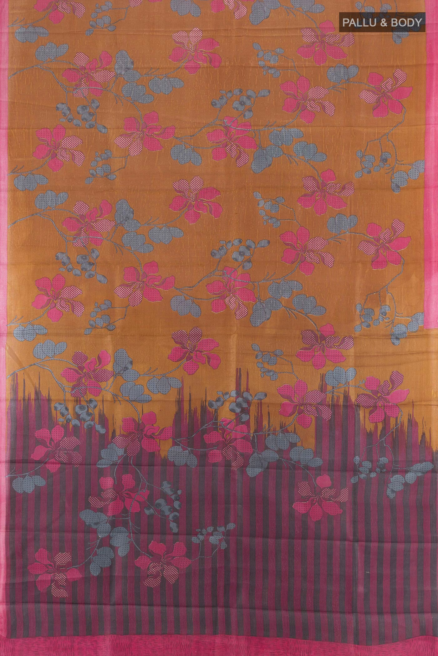 Flat view of Brown Tussar Silk Saree with Floral Print on the body and Plain Border. 