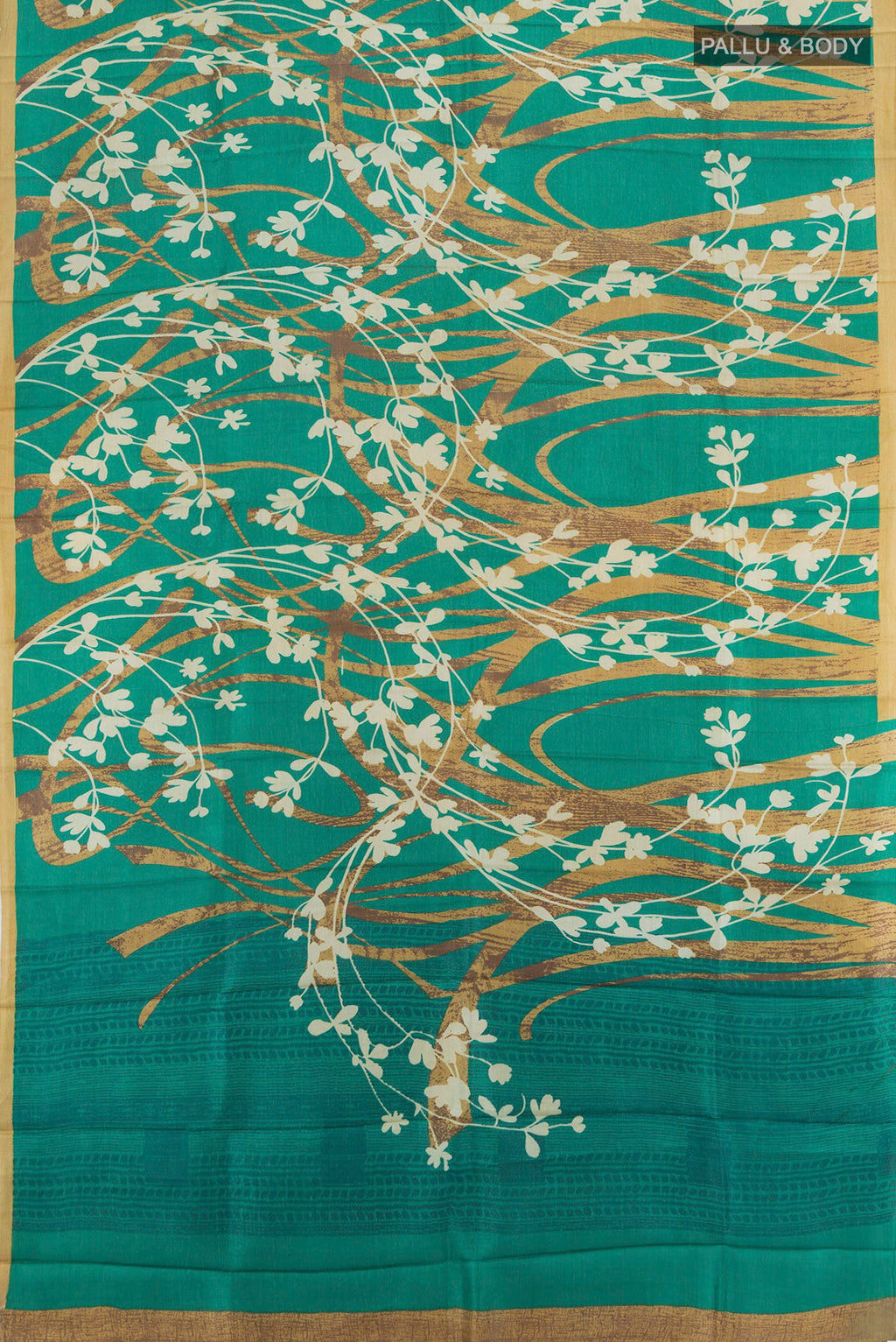Flat view of Green Tussar Silk Saree with Floral Print on the body and Plain Border. 