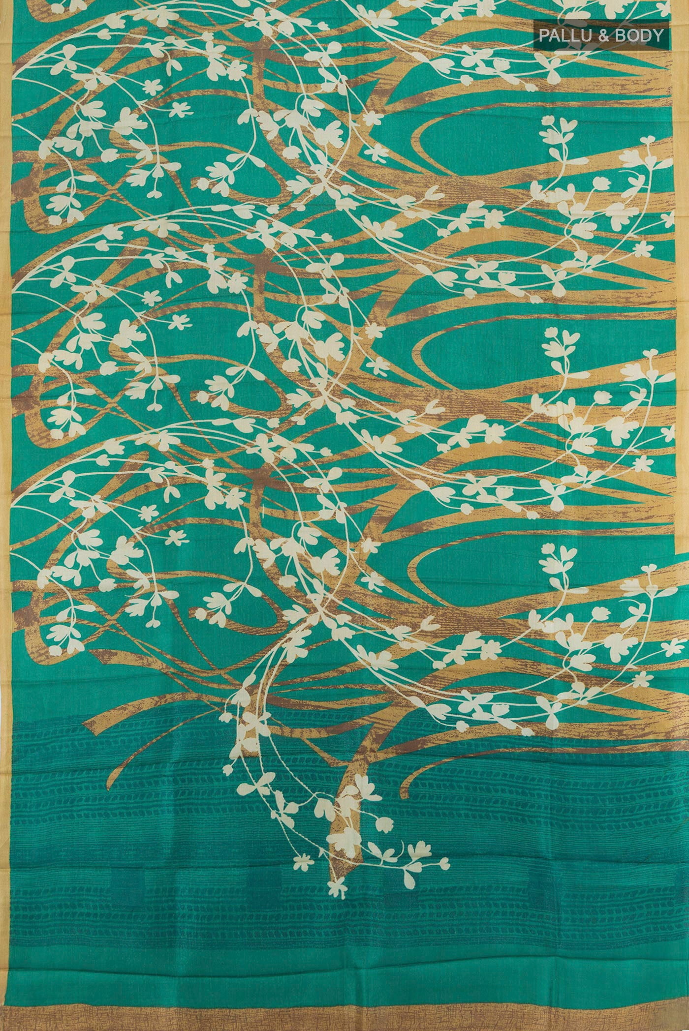 Flat view of Green Tussar Silk Saree with Floral Print on the body and Plain Border. 