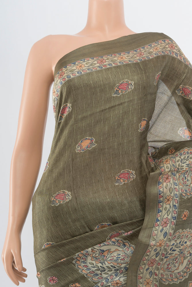 Border image of Light Green Tussar Silk Saree with Floral Print on the body and Silk Border. 