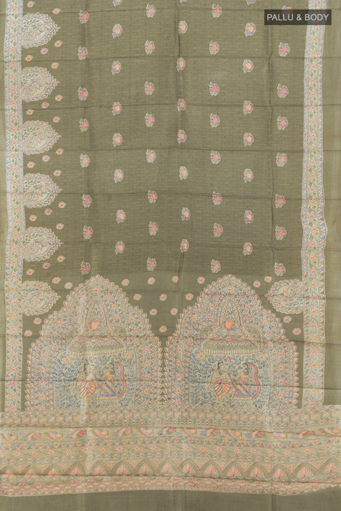 Flat view of Light Green Tussar Silk Saree with Floral Print on the body and Silk Border. 