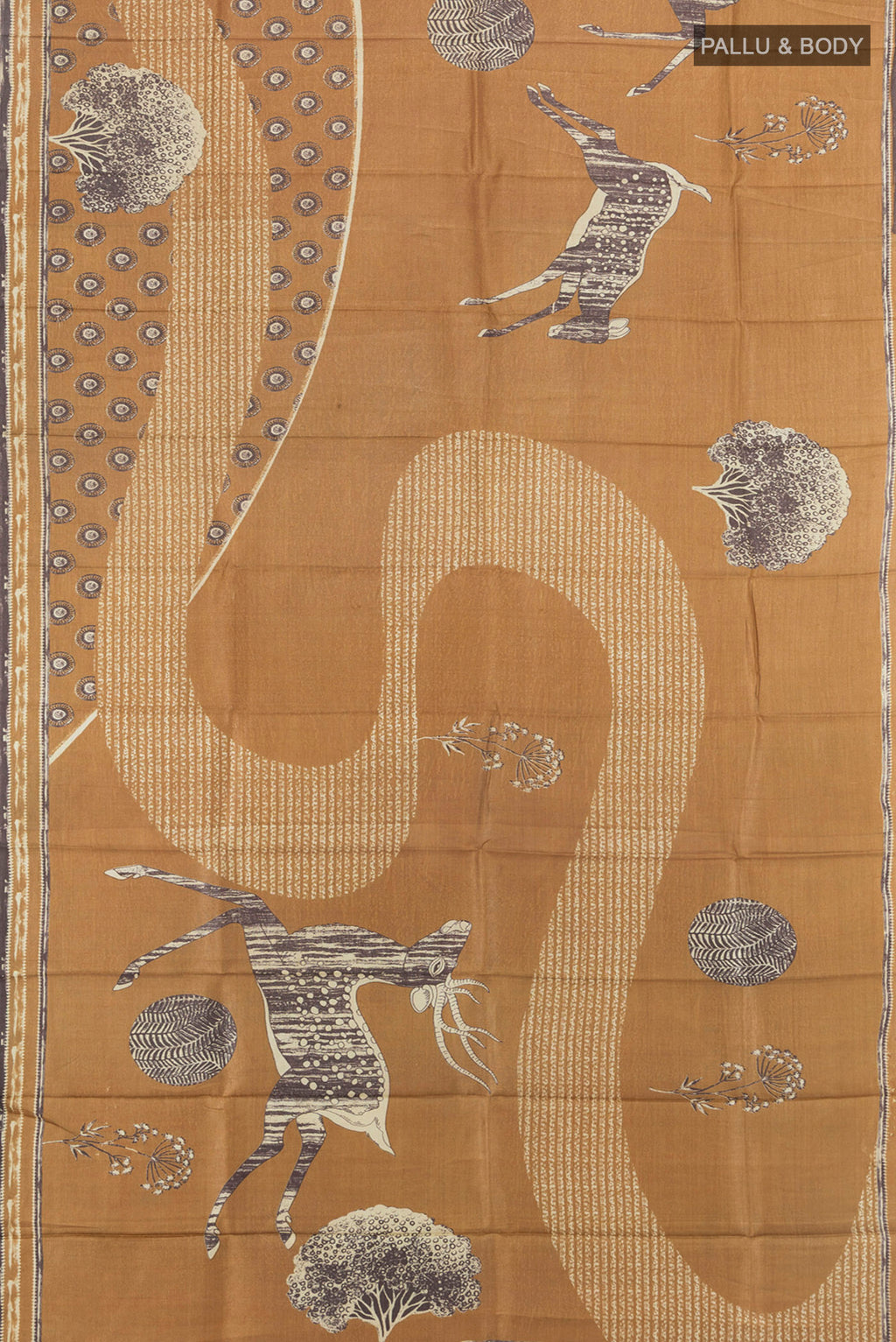 Flat view of Beige Tussar Silk Saree with Floral Print on the body and Plain Border. 